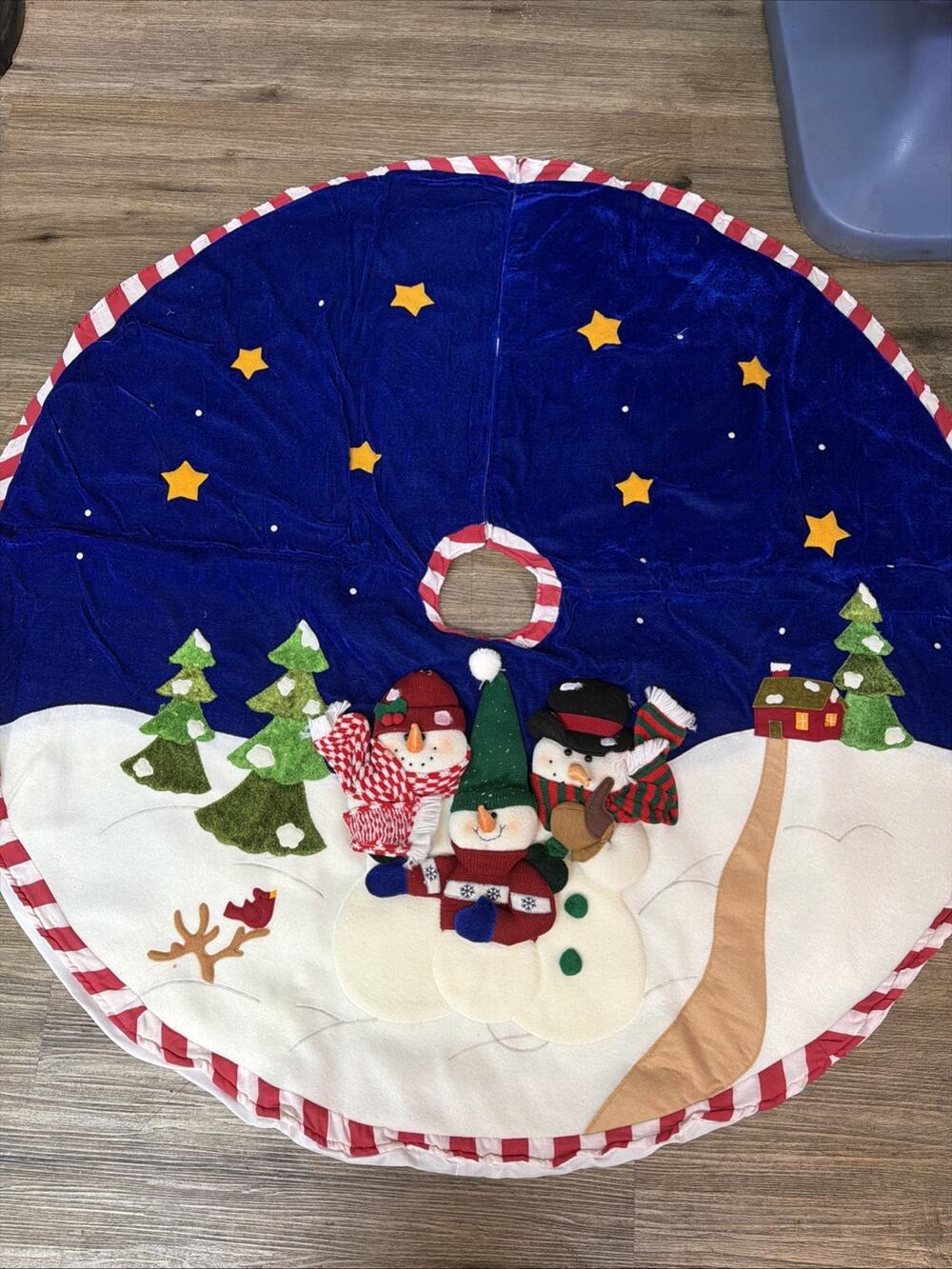 Snowman Family 3D Felt Applique Blue Christmas Tree Skirt 47”